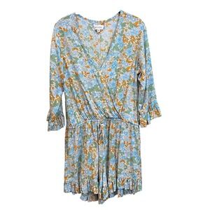 Piyama Multicolor Blue Green Floral Shorts Romper Ruffled‎ Drawstring Size Med